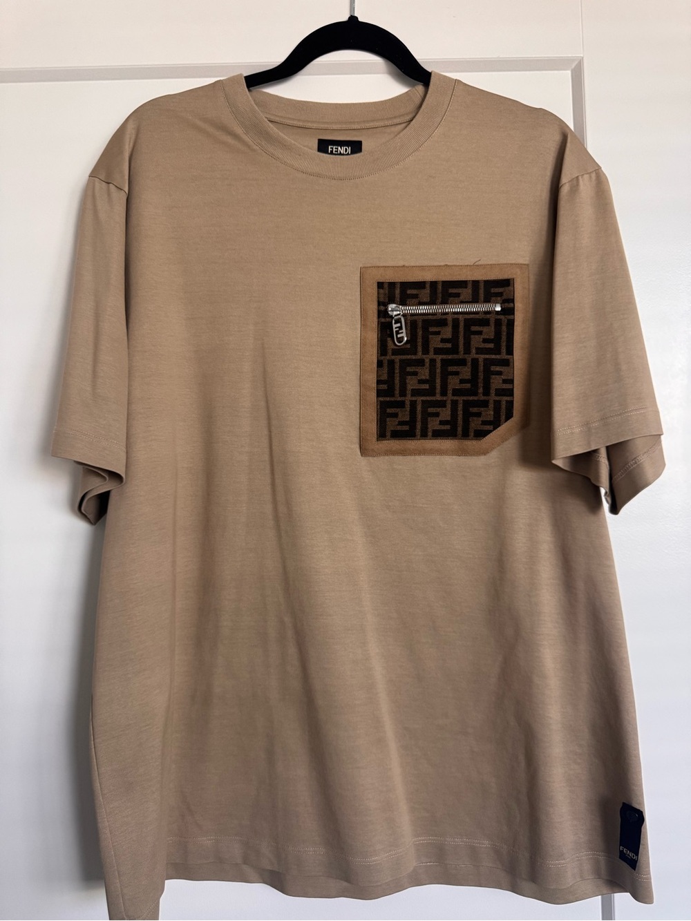 Fendi 🚫New Weared 1 Time 🚫Beige Tee with Brown FF Zip Pocket